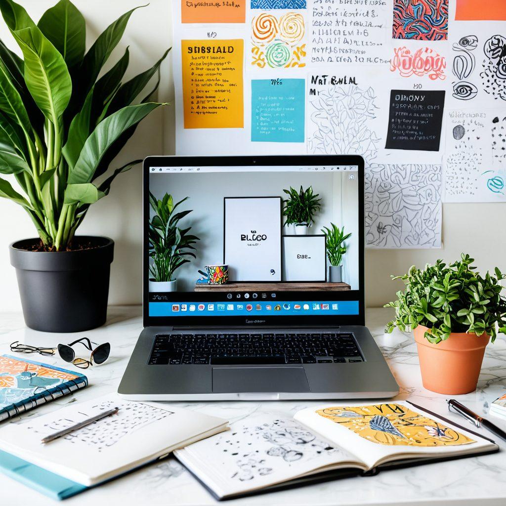 A sleek, modern digital workspace showcasing Bligoo's blogging platform on a laptop with vibrant blog layouts and compelling visuals. Surround the laptop with colorful stationery, a steaming coffee cup, and an open notebook with creative doodles. Include a light-filled room with indoor plants and inspiring artwork on the walls, symbolizing a creative atmosphere. super-realistic. vibrant colors. cozy setting.