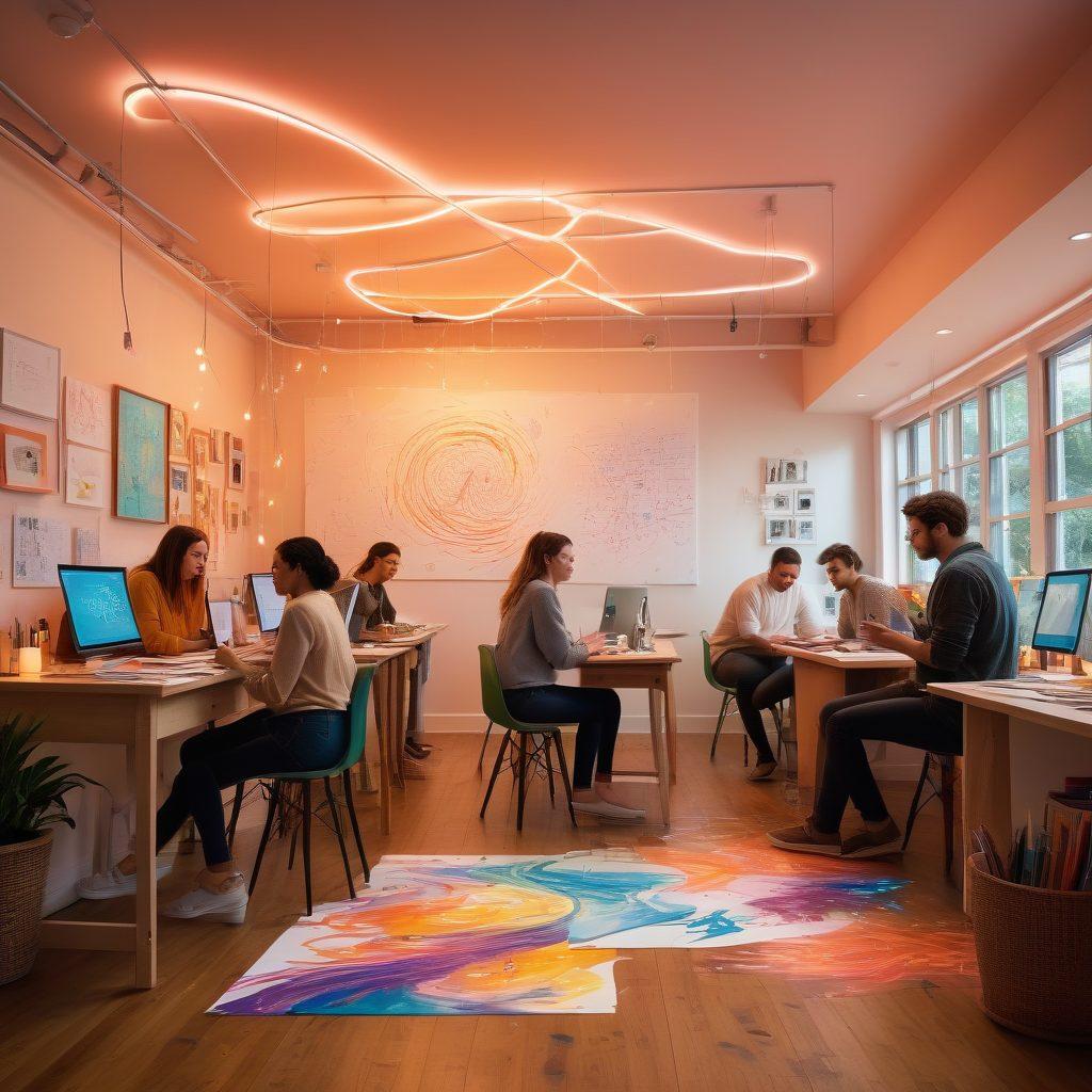 A dynamic scene of a diverse group of people engaged in creative activities like writing, painting, and photography in a cozy, modern workspace. The background features colorful sketches and digital screens displaying blog content. Include vibrant lighting to evoke inspiration and a sense of community. Emphasize interconnectedness through floating text and ideas around them. super-realistic. vibrant colors. 3D.