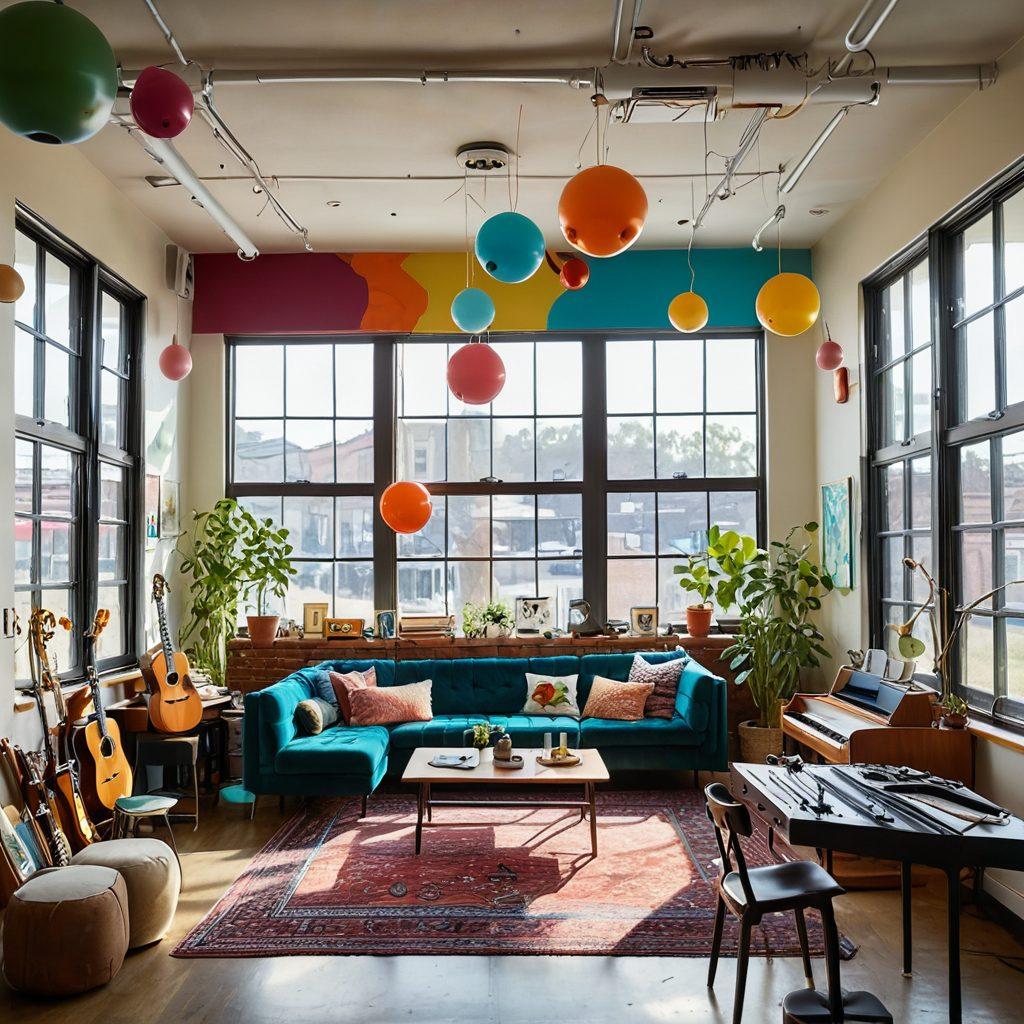A vibrant digital gathering space filled with diverse individuals passionately engaged in various creative activities, surrounded by colorful artwork, musical instruments, and craft supplies. The atmosphere is warm and inviting, with light streaming in from large windows. Include whimsical touches like floating artistic elements and speech bubbles filled with ideas. Art style: super-realistic, vibrant colors, and a friendly ambiance.